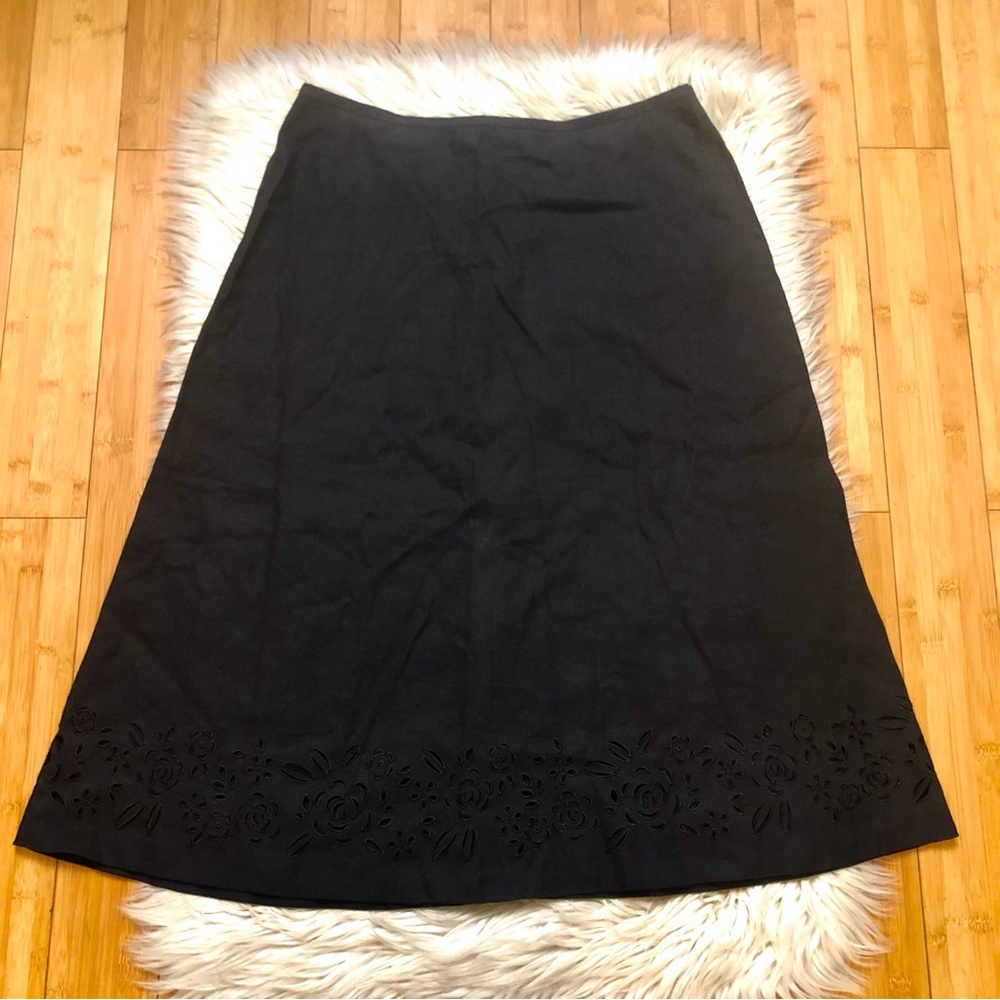 Talbots Irish Linen Blend Floral Eyelet Embroidery Black Womens Skirt size 14